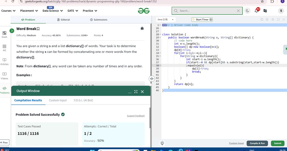 Day 132/160 of #geekstreak2024 by
<a href="/geeksforgeeks/">GeeksforGeeks | Learn to Code</a>

Question :Word Break  #geekstreak2024 #gfg160 #womenintech