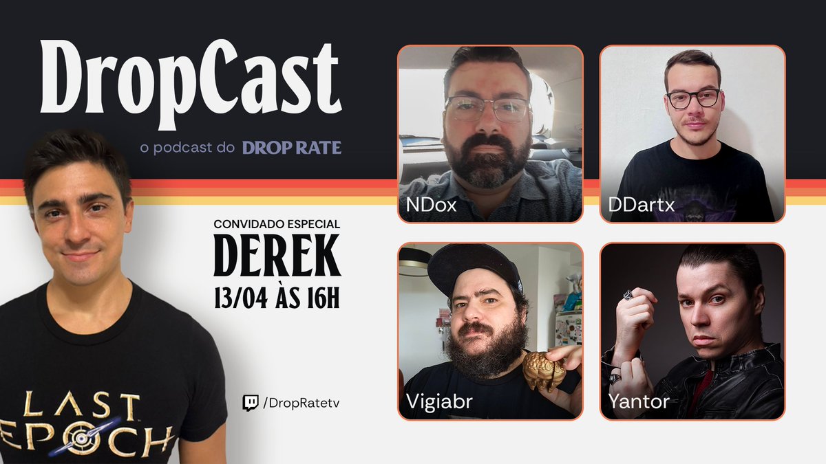 Drop Rate (@dropratepro) on Twitter photo No episódio especial do DropCast dia 13/04, pela primeira vez vamos receber o Derek da equipe do <a href="/LastEpoch/">Last Epoch</a> para conversar sobre sua nova temporada Tombs of Erased que chega agora no dia 17 de Abril! Vocês podem assistir diretamente em twitch.tv/dropratetv as 16 horas! No episódio especial do DropCast dia 13/04, pela primeira vez vamos receber o Derek da equipe do <a href="/LastEpoch/">Last Epoch</a> para conversar sobre sua nova temporada Tombs of Erased que chega agora no dia 17 de Abril! Vocês podem assistir diretamente em twitch.tv/dropratetv as 16 horas!
