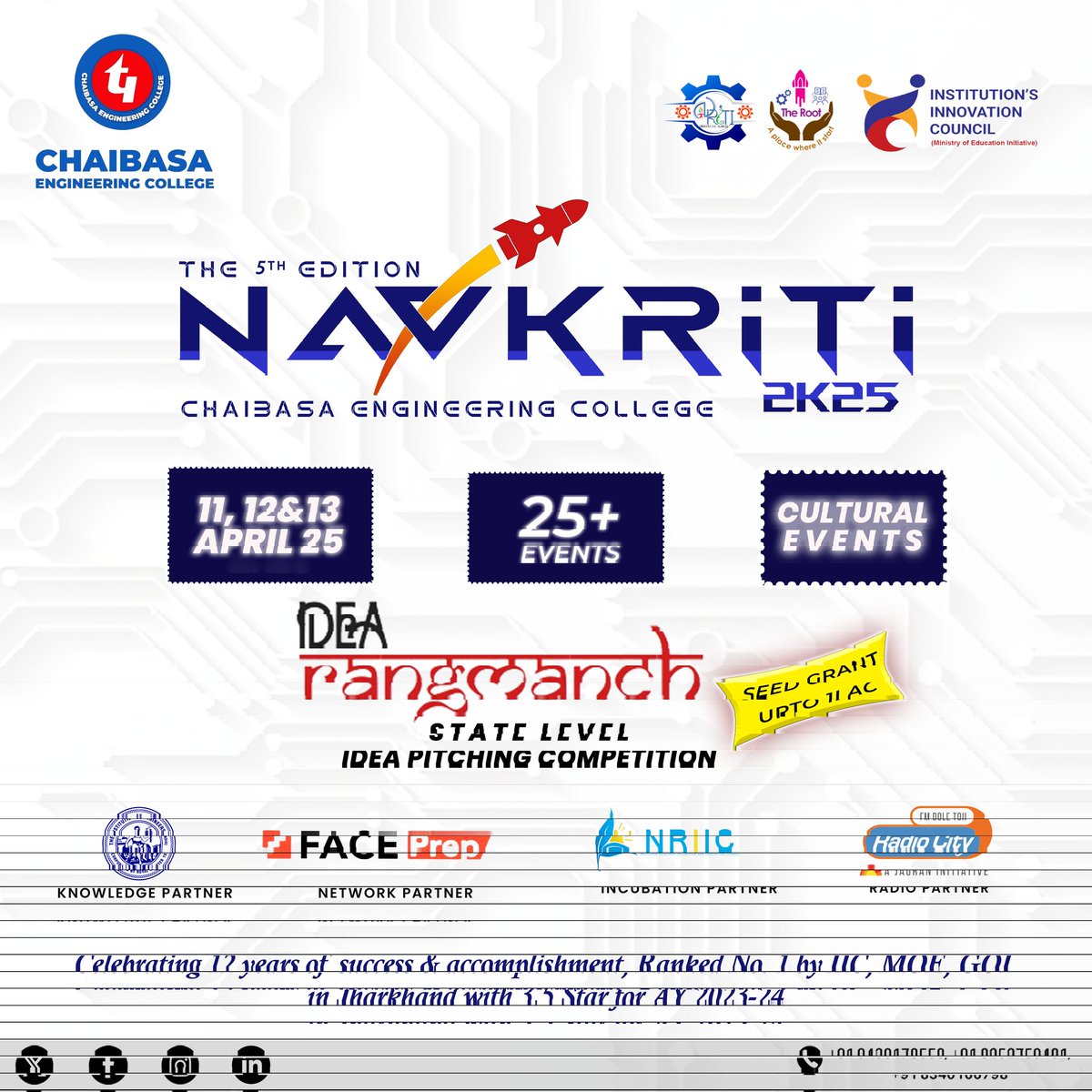 ChaibasaC's tweet photo. 🚀 It all comes down to this!
🌟 𝐈𝐃𝐄𝐀 𝐑𝐚𝐧𝐠𝐦𝐚𝐧𝐜𝐡 — the grand finale of #Navkriti2k25!
💡 Big ideas. Bold pitches. Real impact.
📍 13 April | 𝓒𝓔𝓒

#PitchToWin #InnovationUnleashed #CEC #IDEARangmanch #StartupIndia https://t.co/FJikdExyxX