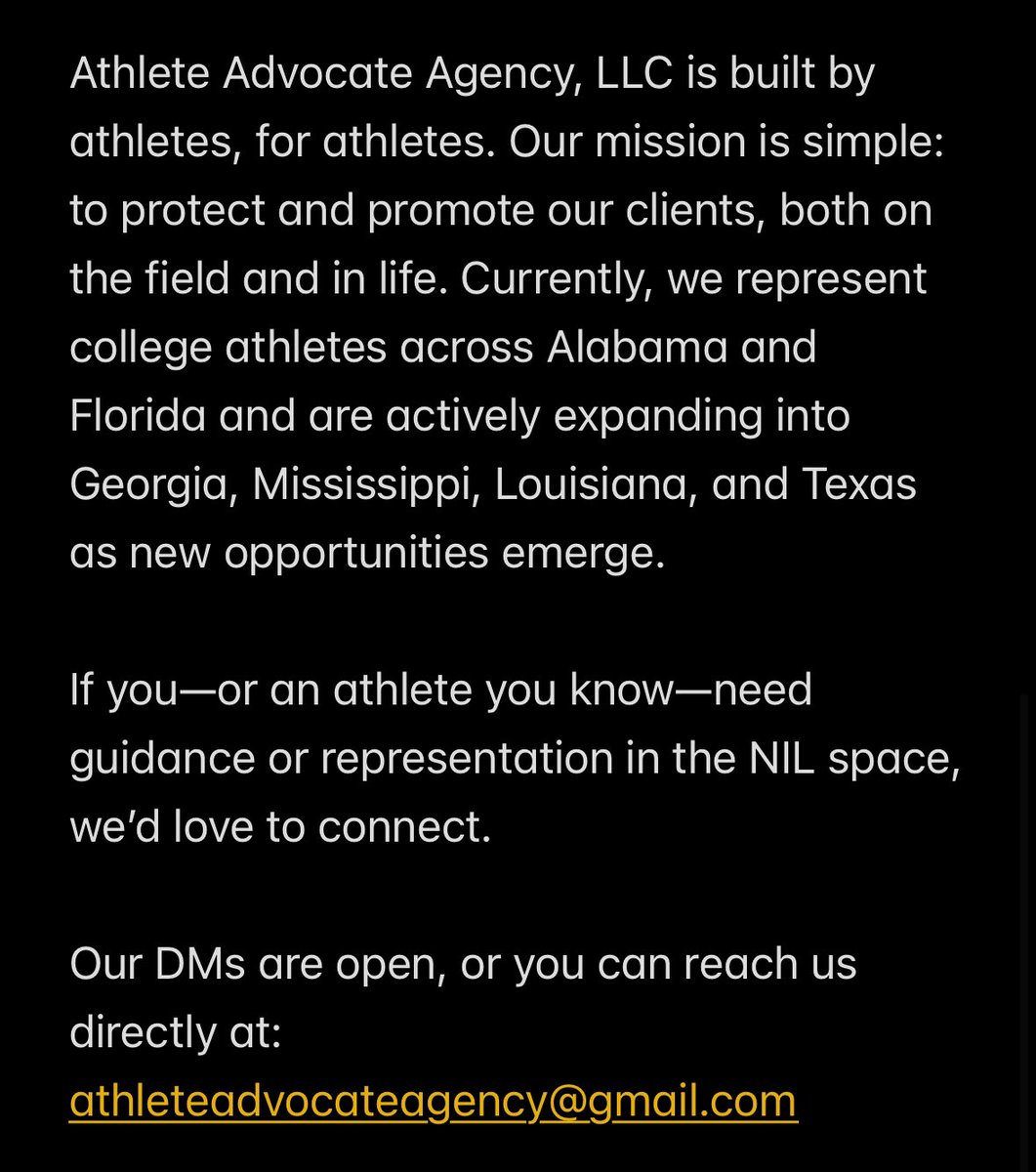 Nick Patti (@nickpatti40) on Twitter photo Today, I am officially launching <a href="/AthleteAAgency/">Athlete Advocate Agency, LLC</a>, an NIL agency. Our mission at Athlete Advocate Agency, LLC, is to advocate for our athletes on and off the field while protecting them from commercial exploitation. #NIL #collegesports #football #basketball Today, I am officially launching <a href="/AthleteAAgency/">Athlete Advocate Agency, LLC</a>, an NIL agency. Our mission at Athlete Advocate Agency, LLC, is to advocate for our athletes on and off the field while protecting them from commercial exploitation. #NIL #collegesports #football #basketball