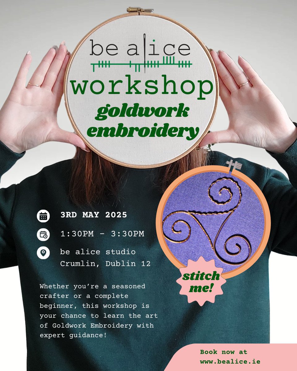 We have a Goldwork Workshop!!!
Goldwork is an embroidery technique using metallic threads and wires. We'll be using 3 different materials in this short class. Will you be joining us?

bealice.ie/classes