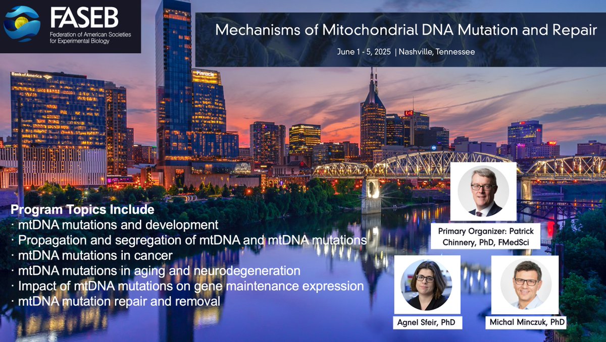 🚨 Join us for the <a href="/FASEBorg/">FASEB</a> Meeting on Mechanisms of Mitochondrial DNA Mutation and Repair, June 1 - 5, 2025 | Nashville, Tennessee. 📅 Abstract submission &amp; Early Registration close on April 20, 2025! Don't miss out: events.faseb.org/event/mitochon… Please RT!