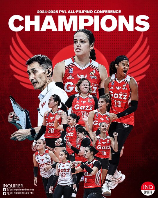 FINALLY, THE ANGELS CAPTURE THEIR FIRST-EVER ALL-FILIPINO CONFERENCE TITLE!

FINAL: Petro Gazz ends Creamline’s dynasty with 25-21, 25-16, 23-25, 25-19 win in Game 3. #PVL2025 | <a href="/LanceAgcaoilINQ/">Lance Agcaoili</a> 

· Follow live updates for the #PVLFinals Game 3: inqnews.net/PVLFinalsGame3