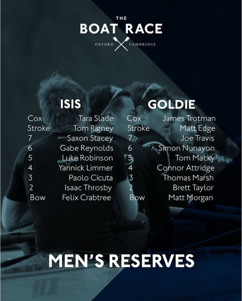 Best of luck to all crews <a href="/theboatrace/">The CHANEL J12 Boat Race</a> tomorrow Sunday especially <a href="/suabc1874/">SUABC</a> <a href="/SuABCJuniors/">SuABC Juniors</a> <a href="/KES_Rowing/">K.E.S. Rowing</a> <a href="/OEs_Stratford/">Old Edwardians</a> Felix Crabtree racing <a href="/OxfordUniBC/">Oxford University Boat Club</a>#ISIS at bow