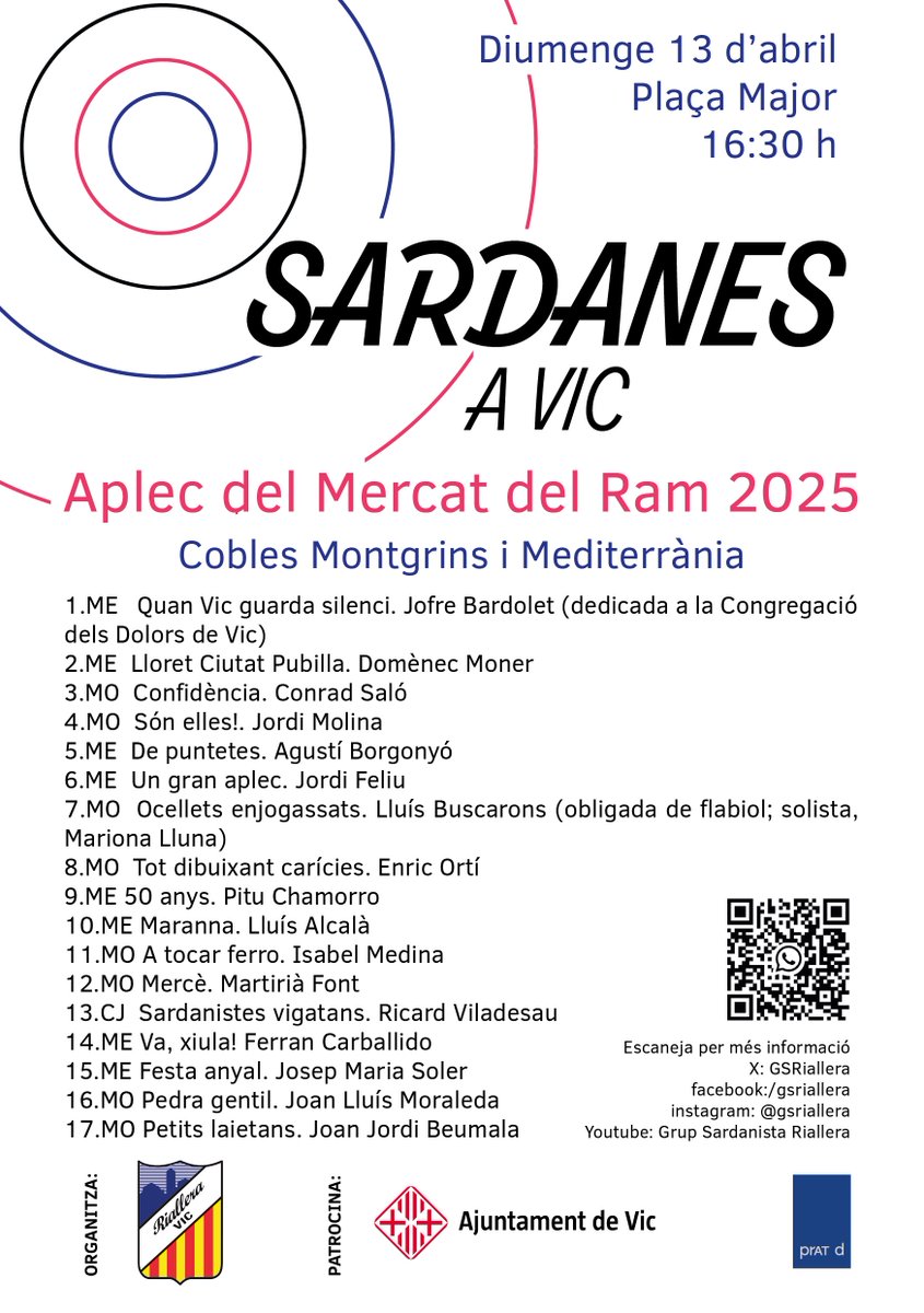 GSRiallera's tweet photo. Demà, diumenge dia 13 d’abril, se celebra l’Aplec de Sardanes del Mercat del Ram a Vic! 🎶 A les 16:30, a la Plaça Major, amb les cobles Mediterrània i Montgrins. Us hi esperem! #SardanesVic https://t.co/aVazwWXmlm