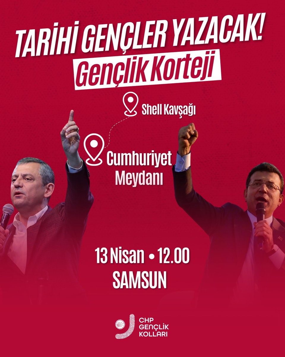 Gençlik kortejinde buluşuyor, Özgürlük Mitingi'ne yürüyoruz!

📍 Samsun
🗓️ 13 Nisan
🕐 12.00 - Shell Kavşağı
🕐 14.00 - Cumhuriyet Meydanı