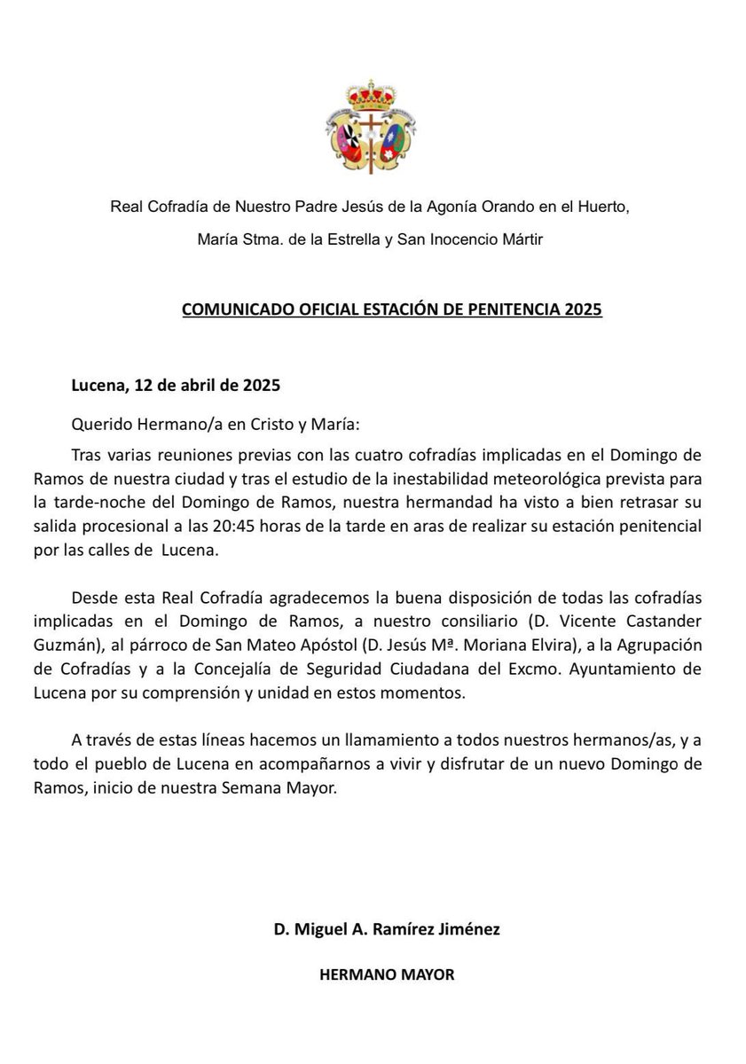 A TODOS NUESTROS HERMANOS 

Ante el cambio de horario de salida procesional, rogamos a nuestros hermanos que a la 20:00 h estén en la puerta de la Sacristía completamente revestidos tunica. Solicitamos máxima puntualidad para poder organizar la procesión correctamente. 

PSDH 💚