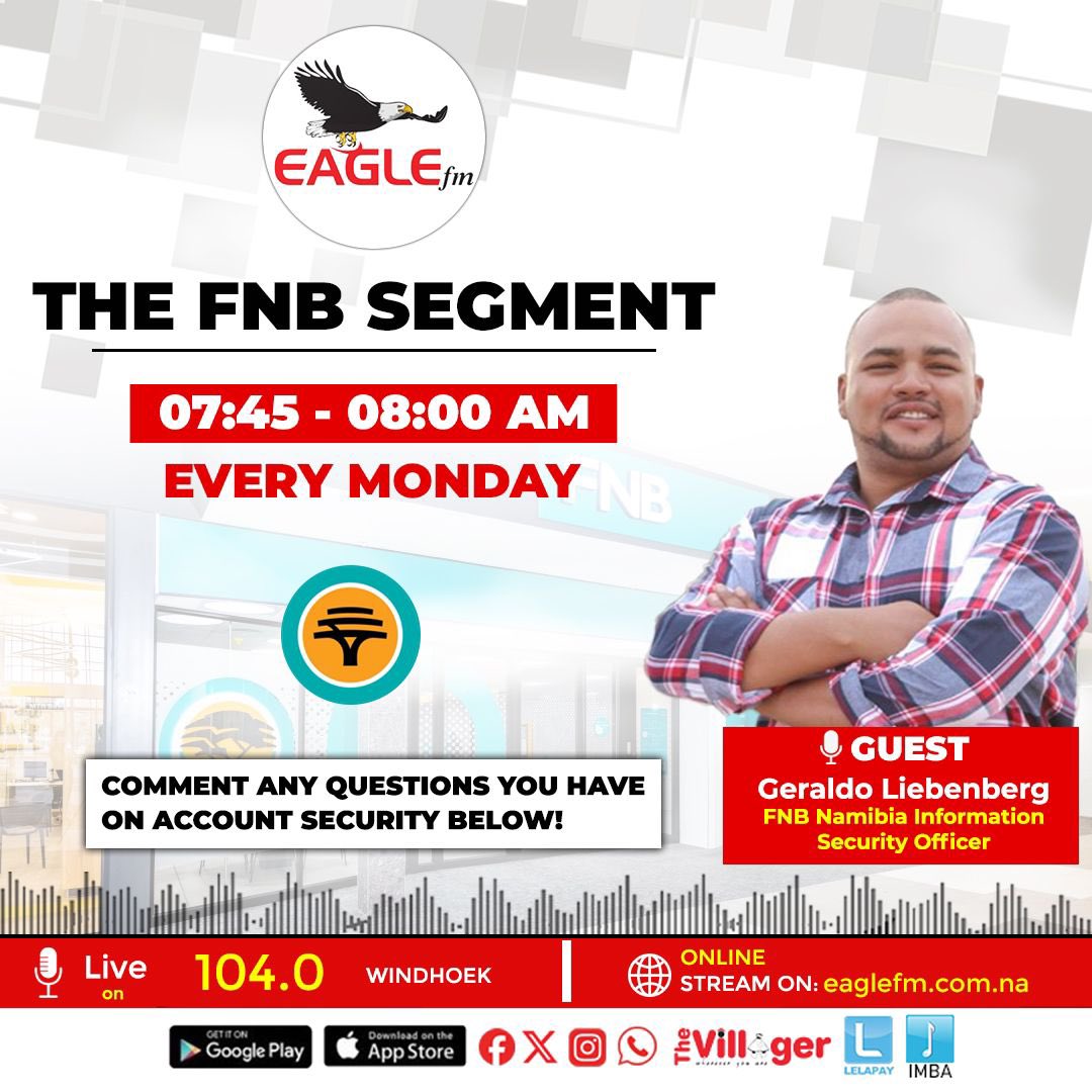 Tune in to the <a href="/FNBNamibia/">FNB Namibia</a> Segment every Monday monday from 07:45 for information on how to keep your account safe.

This week we will be joined by FNB Information Security Officer, Geraldo Liebenberg. 

Comment any questions you have on account security below! 

Listen to last