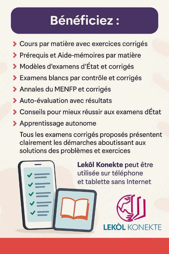 Les cours et les exercices sont systématiquement mis à jour en fonction des modifications des programmes scolaires. Nous prenons également en compte les remarques des utilisateurs pour optimiser l’expérience d’apprentissage de l’enfant.

➡ lekolkonekte.com/courses/overvi…