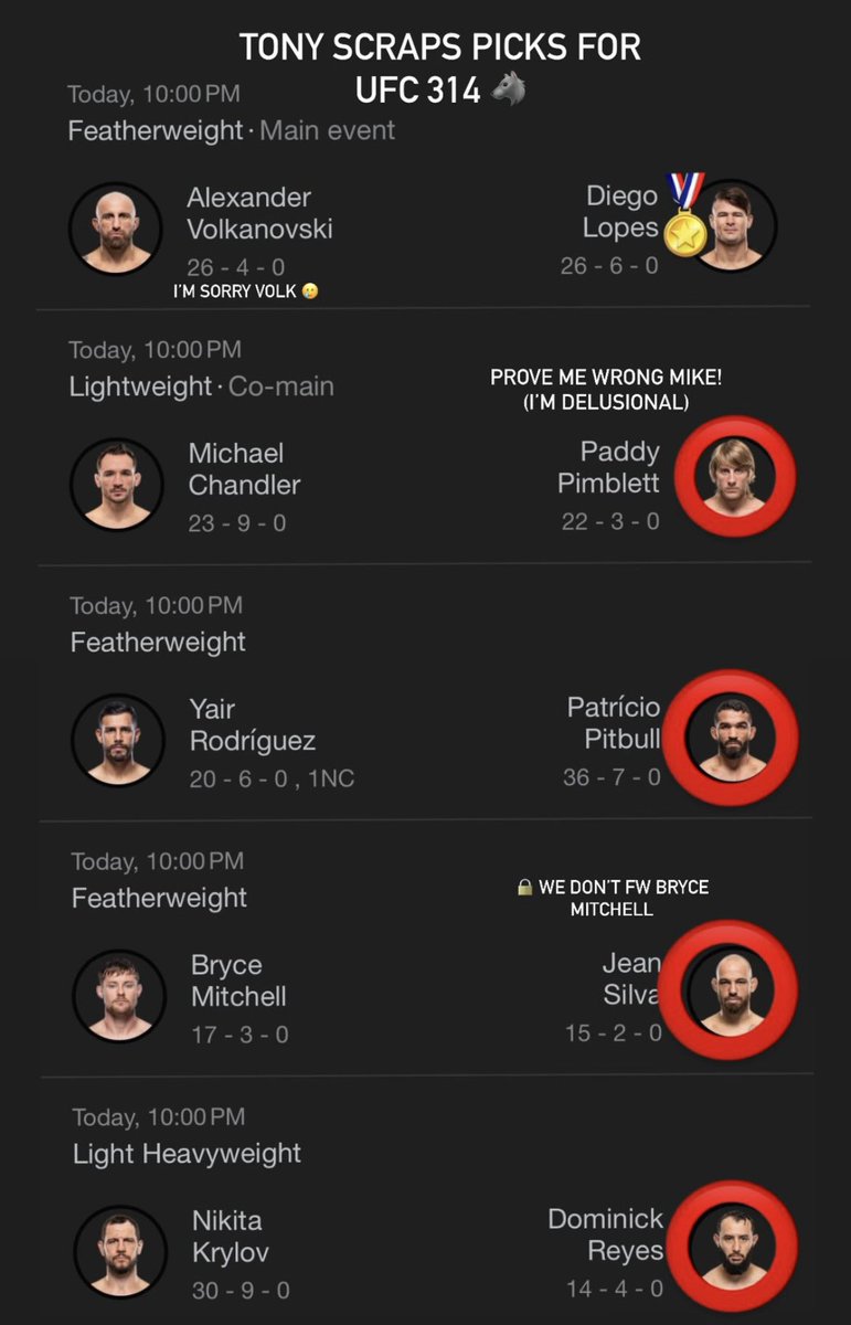 TonyScraps's tweet photo. My picks for #UFC314 https://t.co/qECXnZ1Tnx