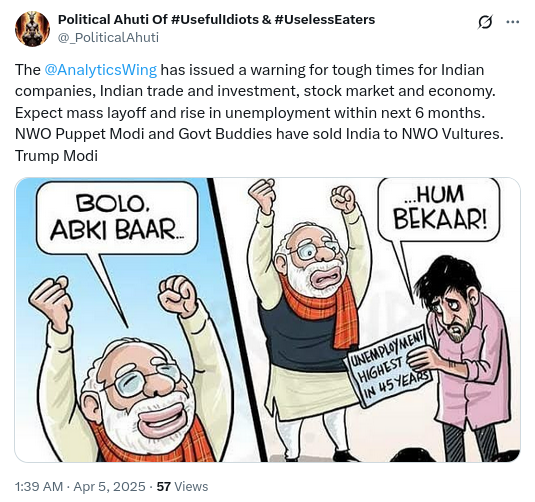 Tariff Wars In The New World Order (@tariffwar) on Twitter photo The <a href="/AnalyticsWing/">Analytics Wing Of Perry4Law Organisation (P4LO)</a> has issued a warning for tough times for Indian companies, Indian trade and investment, stock market and economy. Expect mass layoff and rise in unemployment within next 6 months. NWO Puppet Modi and Govt Buddies have sold India to <a href="/NWOVultures/">NWO Vultures</a>. Trump The <a href="/AnalyticsWing/">Analytics Wing Of Perry4Law Organisation (P4LO)</a> has issued a warning for tough times for Indian companies, Indian trade and investment, stock market and economy. Expect mass layoff and rise in unemployment within next 6 months. NWO Puppet Modi and Govt Buddies have sold India to <a href="/NWOVultures/">NWO Vultures</a>. Trump