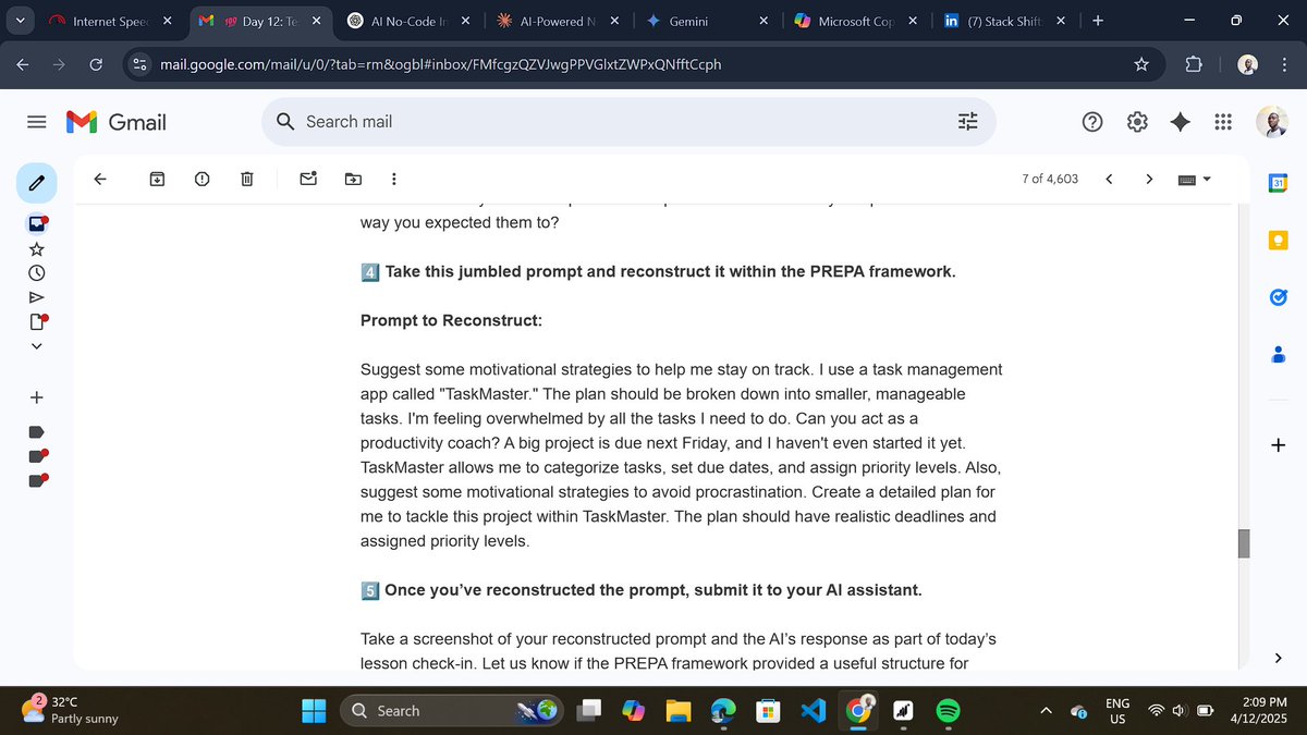 ChimezieOnyeali's tweet photo. Day 12 of #14DaysofNoCode with #100school π―
Today I learned about how AI and no-code compliment one another, while testing some of the most popular AI platforms and perfecting the PREPA prompting framework.
Here's my progress today π https://t.co/uncNV6Aq09