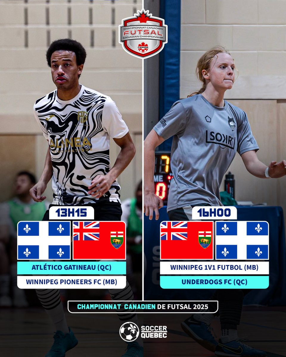 PLFQ1's tweet photo. [Championnat canadien de futsal 2025]

Nouvelle journée pour nos équipes!

Atlético Gatineau disputera son troisième match aujourd’hui à 13h15 (HE)!

Underdogs FC enchaîneront à 16h (HE)! 

Pour regarder les matchs en direct: https://t.co/61GuKnY3ax https://t.co/Y68Qqh1uTh