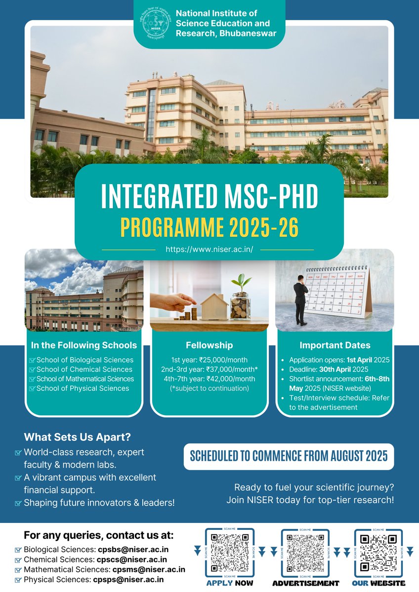 Ignite your scientific spark and step into a future of innovation and discovery! Admissions are now open for <a href="/niser_official/">NISER</a>'s Integrated MSc–Ph.D Programme 2025–26! 
Application deadline: April 30, 2025  
More details: tinyurl.com/yeyetzfs
Apply here: tinyurl.com/59xh7dxz