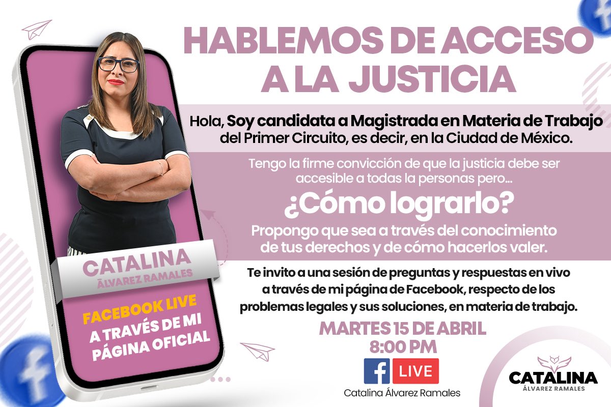 Este martes 15 de abril a las 8:00 PM, te invito a un Facebook Live desde mi página, donde hablaremos de cómo identificar tus derechos laborales y cómo ejercerlos con claridad y seguridad.
#BoletaRosa01 #JusticiaLaboral #CatalinaÁlvarezRamales #Vota1deJunio #EleccionesJudiciales