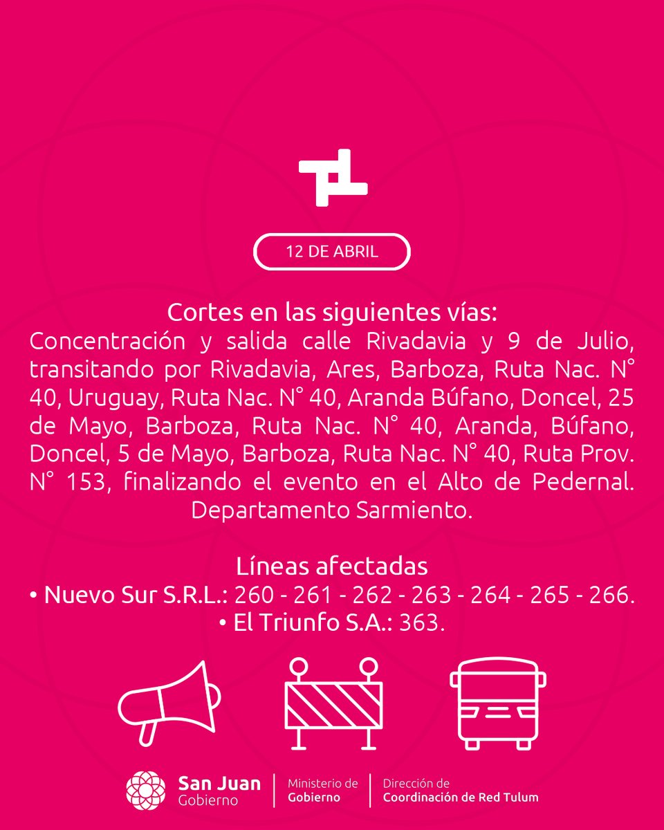 ⚠️🚍Cortes de calzada por 3° Etapa"Vuelta a San Juan Damas 2025”🚍⚠️

Deslizá para conocer los detalles👉

¡Informate y no te quedes sin viajar!

<a href="/mingobsanjuan/">MINGOB San Juan</a>
<a href="/sisanjuanok/">sisanjuanok</a>

#RedTulum #MinGobierno #LauraPalma #TránsitoyTransporte #SUBE #MarceloOrrego #SanJuan #SanJuanArgentina