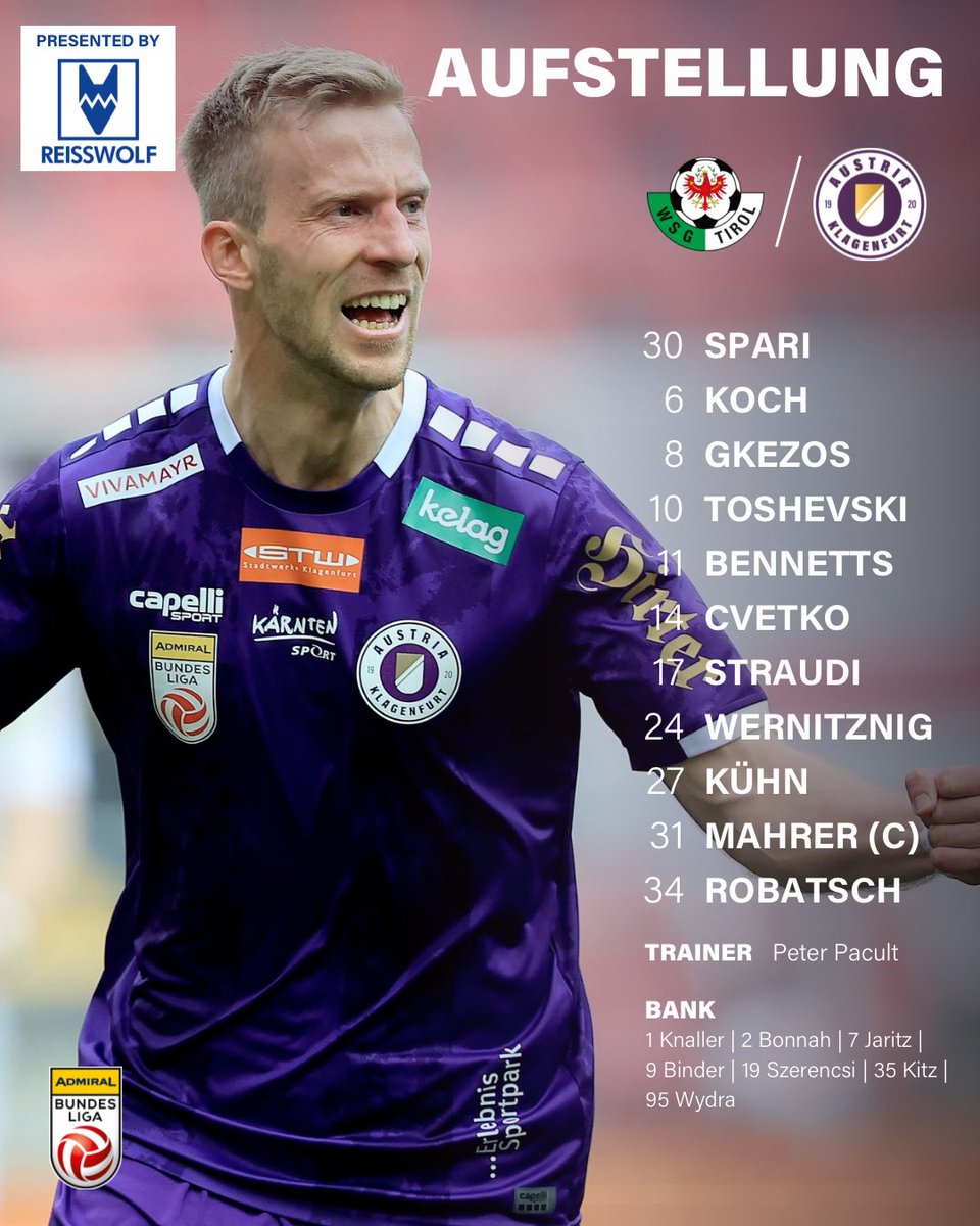 austria_sk's tweet photo. Diese Elf soll heute drei Punkte mit nach Waidmannsdorf nehmen! 🟣⚪️

#WSGSKA #ForzaViola https://t.co/Ntbh4JmAR0