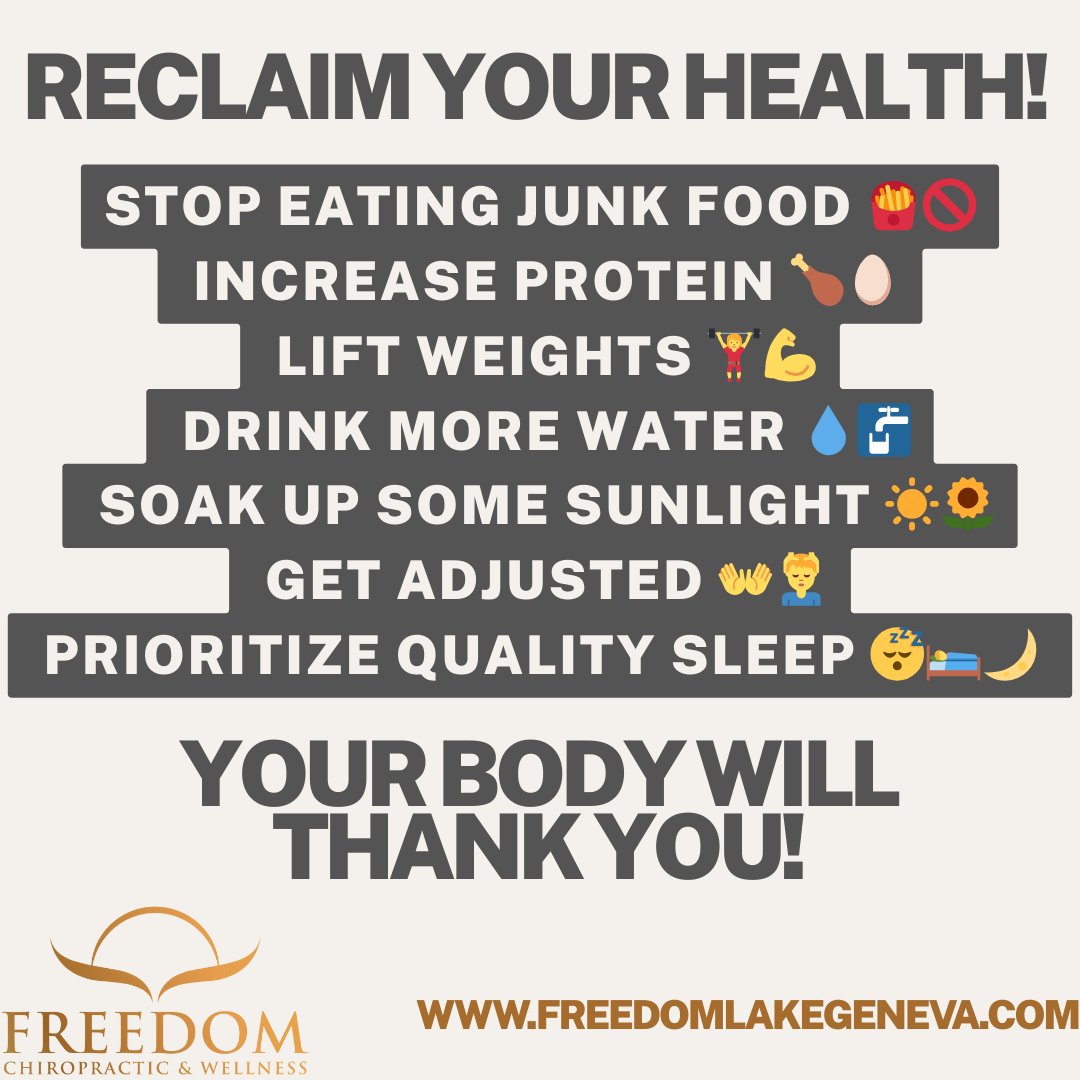 LakeGenevaChiro's tweet photo. Reclaim your health, your body will thank you!

Freedom Chiropractic and Wellness
111 Center St. Lake Geneva, WI. 53147
262-755-8836
https://t.co/KOM2K4o5tI

#health #chiropractic #chiropractor #adjustment #drdanvanderweit
#freedomChiropractic  #lakegeneva https://t.co/SsK1ugxMBb