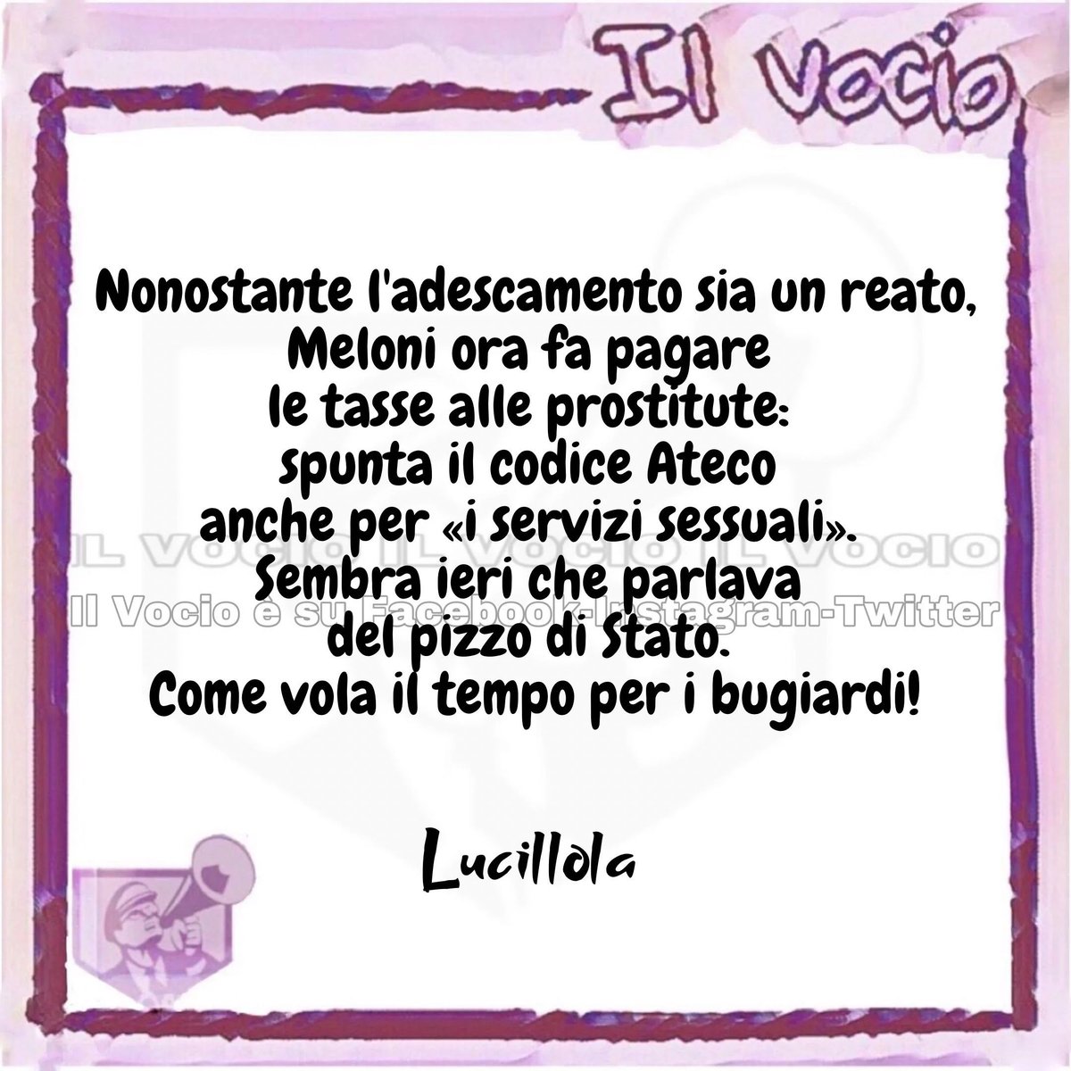 ilvocio's tweet photo. Lucillola @LucillaMasini
#12aprile #ilvocio #Governo #prostituzione #codiceateco #melonibugiardapatologica #vergogna https://t.co/SMuZOY3pPf