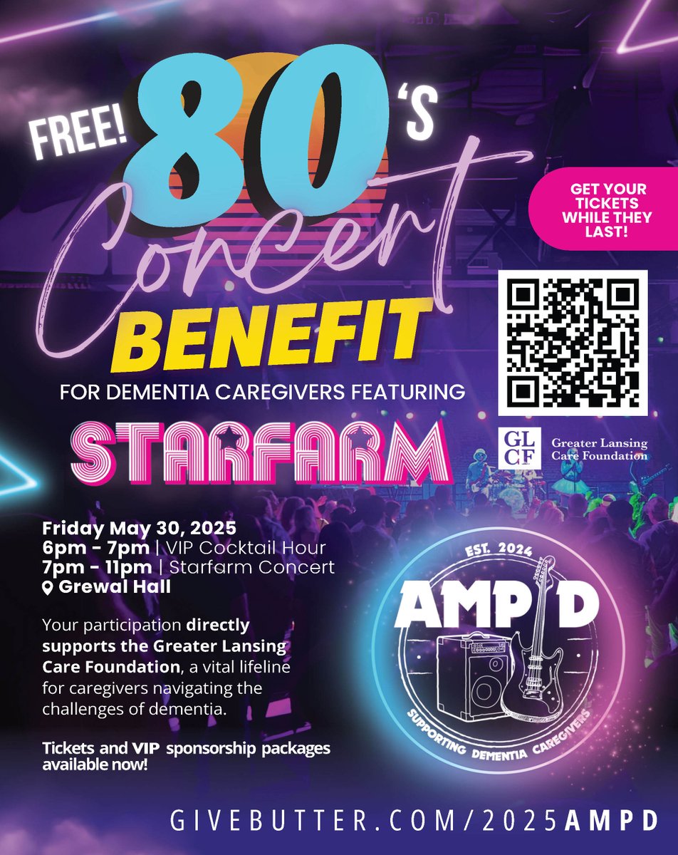 Oasis_MidMich's tweet photo. Join us at the 2nd Annual Amp'd concert at Grewal 224 Hall, presented by GLCF! Featuring STARFARM, this event supports caregivers in the Lansing area. Experience 80's vibes and VIP sponsorships available for groups. Don't miss out! 🎵✨ #GLCF #AmpdConcert #CommunitySupport https://t.co/TIlzqMQYNc