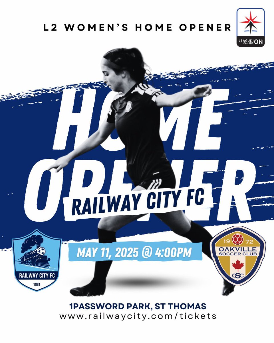 RailwayCityFC's tweet photo. 🚂 RAILWAY CITY FC - L2 WOMEN’S &amp; MEN’S HOME OPENERS 🚂 

Women
🗓️ May 11th, 2025
⏰ 4:00pm
🏟️ 1password Park
📍 St. Thomas 
🆚 Oakville SC

Men
🗓️ May 10th, 2025
⏰ 7:30pm
🏟️ 1password Park
📍 St. Thomas 
🆚 Windsor City FC

🎟️ https://t.co/l6p5g6IKKR

@League1ON https://t.co/0OXKifd3ay