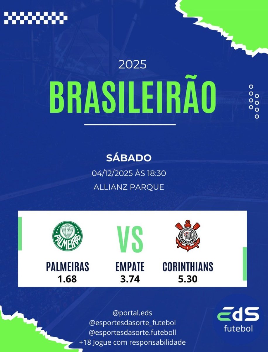 esportedasorte's tweet photo. HOJE TEM TIMÃO JOGANDO!!

🔥 Palmeiras x Corinthians – Brasileirão 2025!
Veja as odds da Esportes da Sorte para a partida de hoje

Aposte com responsabilidade (+18)

#Corinthians #Brasileirão #Palmeiras #ApostasEsportivas #EsportesDaSorte #futebol #timão #verdão #esportedasorte https://t.co/2DKfXOfgnZ
