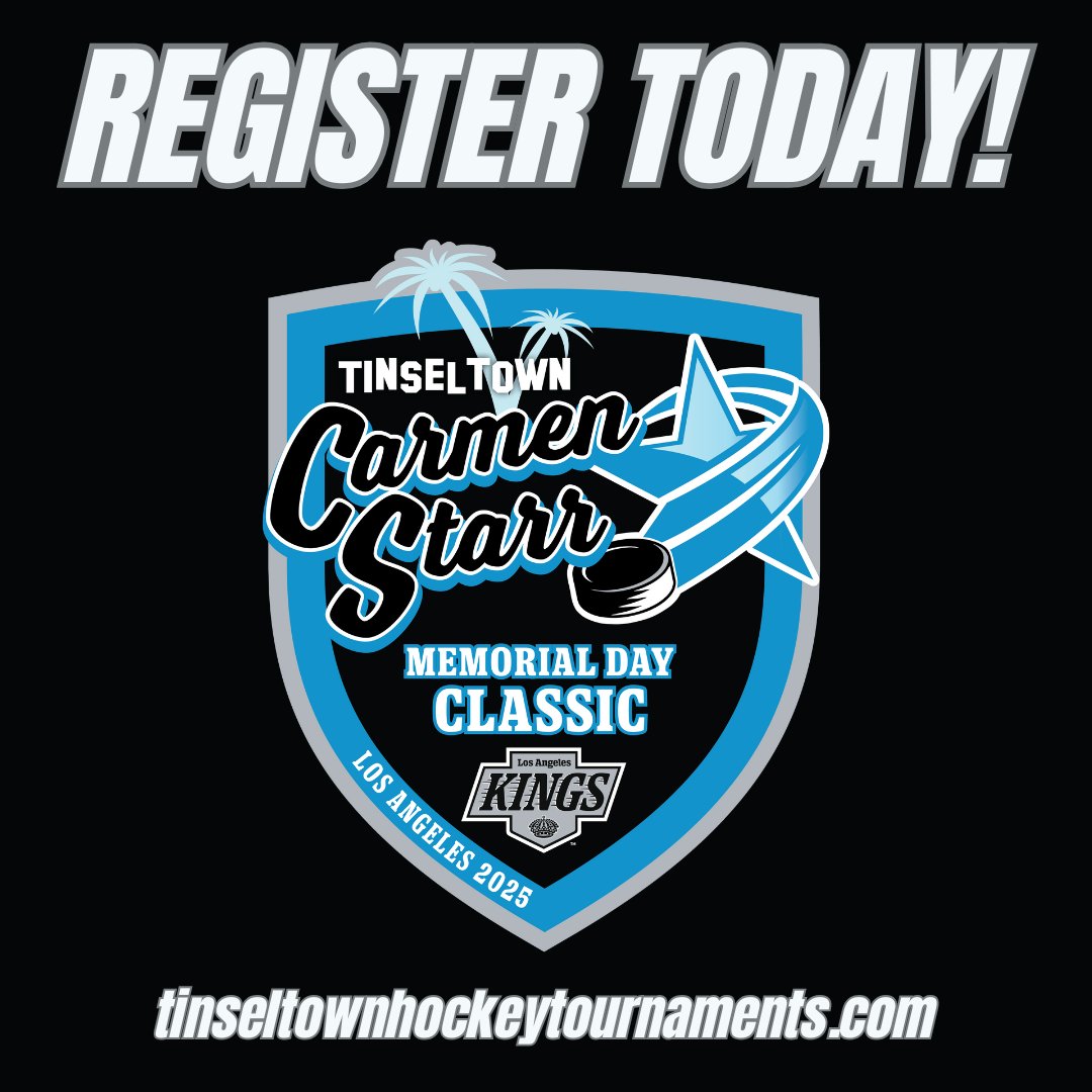 🚨REGISTRATION CLOSES SOON 🚨 for our upcoming #TINSELTOWN Carmen Starr Memorial Day Classic (May 23-26)! Join us at the official training facility of the #LAKings for a competitive weekend of spring hockey in Southern California! 😎

DETAILS &amp; REGISTER 👉 jrkingshockey.com/tourneys