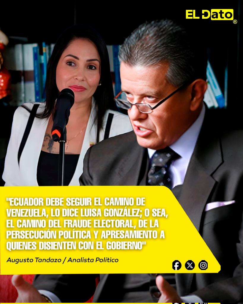 ElDatoEcua's tweet photo. #Urgente "ECUADOR DEBE SEGUIR EL CAMINO DE VENEZUELA, LO DICE LUISA GONZÁLEZ; O SEA, EL CAMINO DEL FRAUDE ELECTORAL, DE LA PERSECUCIÓN POLÍTICA Y APRESAMIENTO A QUIENES DISIENTEN CON EL GOBIERNO"

"Más claro no canta un gallo. Ecuador debe seguir el camino de Venezuela, lo dice Luisa González; o sea, el camino del fraude electoral, de la persecución política y del apresamiento a quienes disienten con el gobierno. Y del empobrecimiento de su población."

Tandazo advirtió sobre los peligros de adoptar un modelo político similar al venezolano, señalando consecuencias como el deterioro democrático, la criminalización de la oposición y el colapso económico, temas que considera cruciales para el electorado ecuatoriano de cara al balotaje.

@ElDatoEcua 👈

#ElDato #Ecuador #Quito #Gobierno #Política #Correísmo #RafaelCorrea #LuisaGonzález #