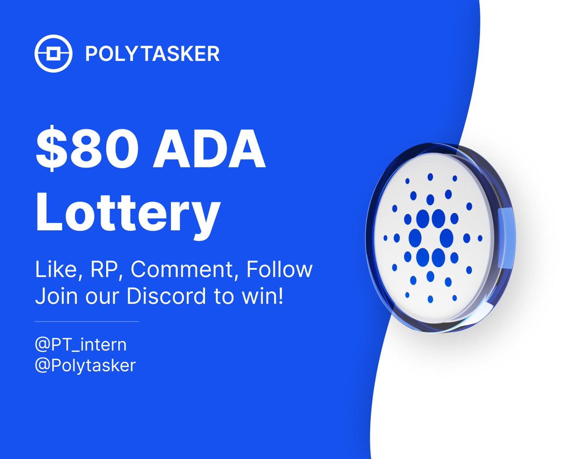 Polytasker (@polytasker) on Twitter photo Weekly Lottery: $80 ADA Giveaway!
How to participate:
1. Like, RP & Comment (mention 3 friends)
2. Follow <a href="/Polytasker/">Polytasker</a> & <a href="/PT_Intern/">PolyTasker Intern</a>
3. Join our discord (discord.gg/polytasker) and paste your proof + Cardano address
Winners will be revealed LIVE in Discord after 48H! Weekly Lottery: $80 ADA Giveaway!
How to participate:
1. Like, RP & Comment (mention 3 friends)
2. Follow <a href="/Polytasker/">Polytasker</a> & <a href="/PT_Intern/">PolyTasker Intern</a>
3. Join our discord (discord.gg/polytasker) and paste your proof + Cardano address
Winners will be revealed LIVE in Discord after 48H!