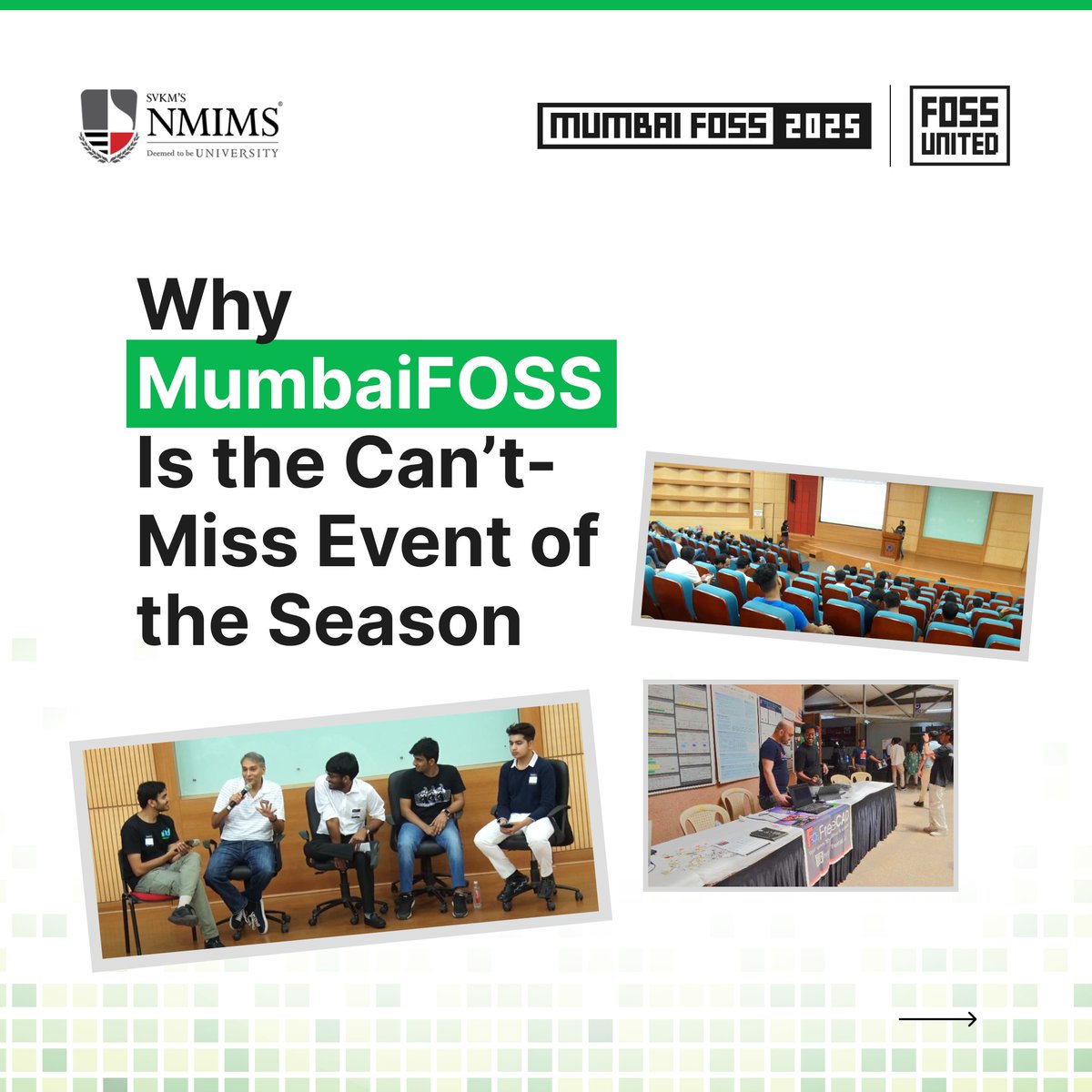 MumbaiFOSS's tweet photo. 🌟 7 Days to Go for MumbaiFOSS 2025! 🌟

Join us on 19th April 2025 at NMIMS, Mumbai for a full day of open-source talks, workshops, and networking! 🚀

Swipe ➡️ to see why you shouldn’t miss it!

Register now: https://t.co/kTn4NPnxXP 👀 https://t.co/VM8YWftEla