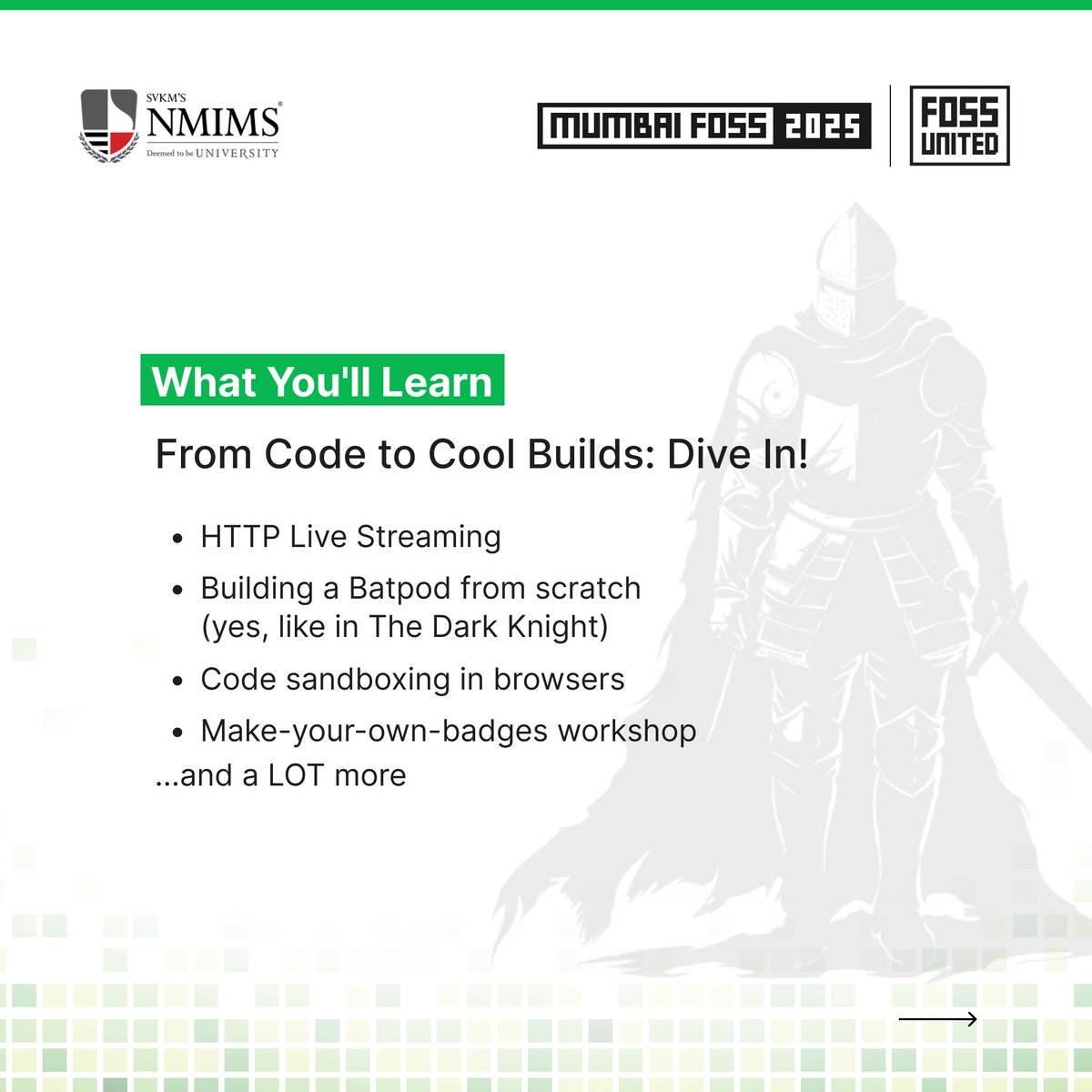 MumbaiFOSS's tweet photo. 🌟 7 Days to Go for MumbaiFOSS 2025! 🌟

Join us on 19th April 2025 at NMIMS, Mumbai for a full day of open-source talks, workshops, and networking! 🚀

Swipe ➡️ to see why you shouldn’t miss it!

Register now: https://t.co/kTn4NPnxXP 👀 https://t.co/VM8YWftEla
