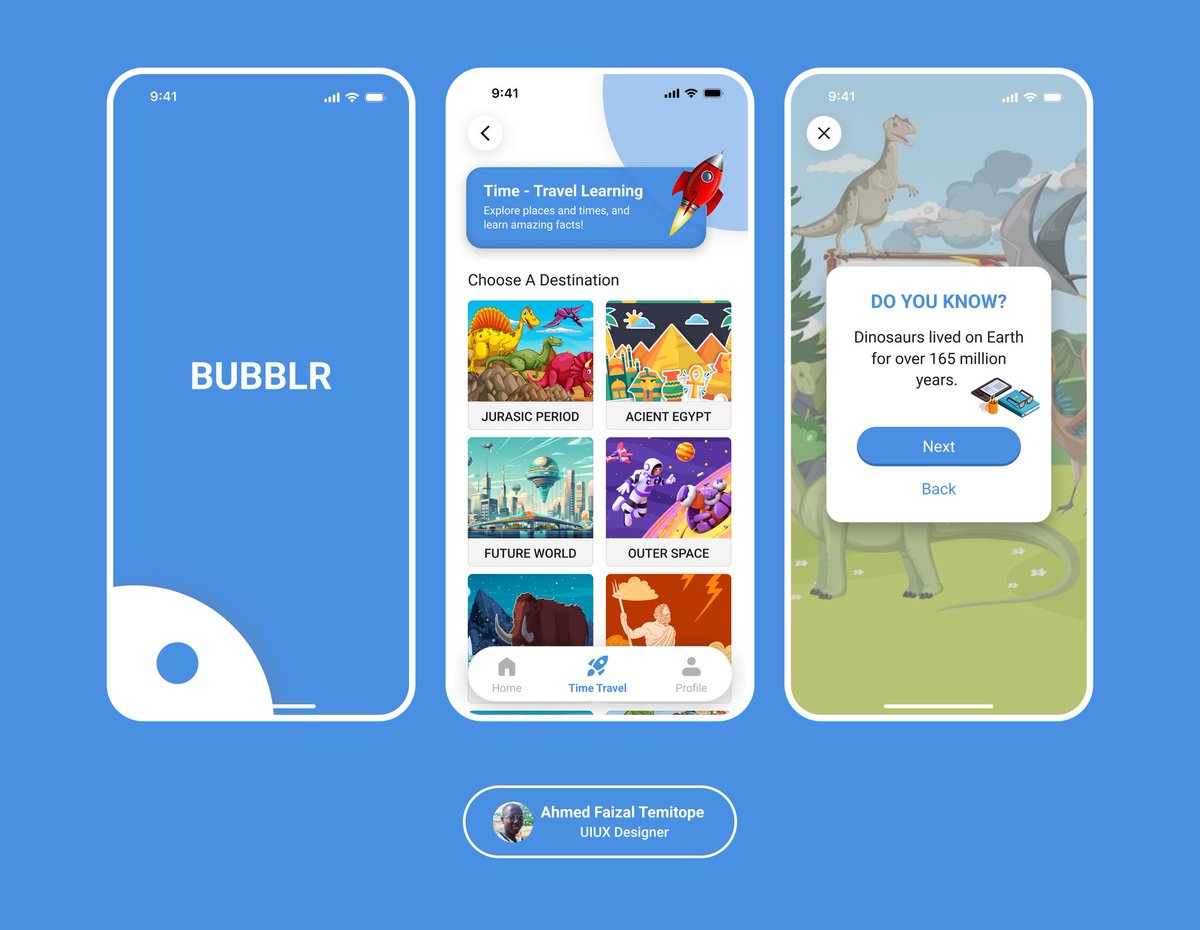 TheCreativeFaiz's tweet image. Sneak peek of Bubblr — a fun social app for kids that lets them time travel to learn about different eras like the Jurassic period!
Designed this during the #HNG12Internship

Full case study &amp;amp; screens: behance.net/gallery/222977…
Feedback is welcome!

#UIUX #DesignForKids  #HNG12