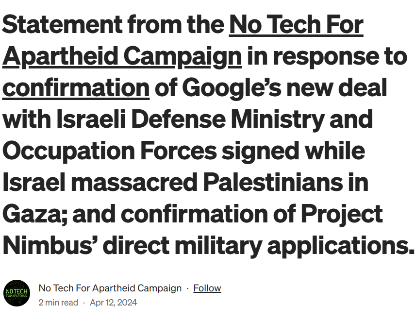 Dr__Lahlou's tweet image. Google impliqué dans le génocide via le projet Nimbus, renforce son partenariat avec le pays génocidaire suite aux protestations et licencie plus de 50 employés.
Qu&apos;as-tu fait concrètement à ton échelle, pour changer cela ?
#Google
#Nimbus
#Genocide
#Israel
#Apartheid