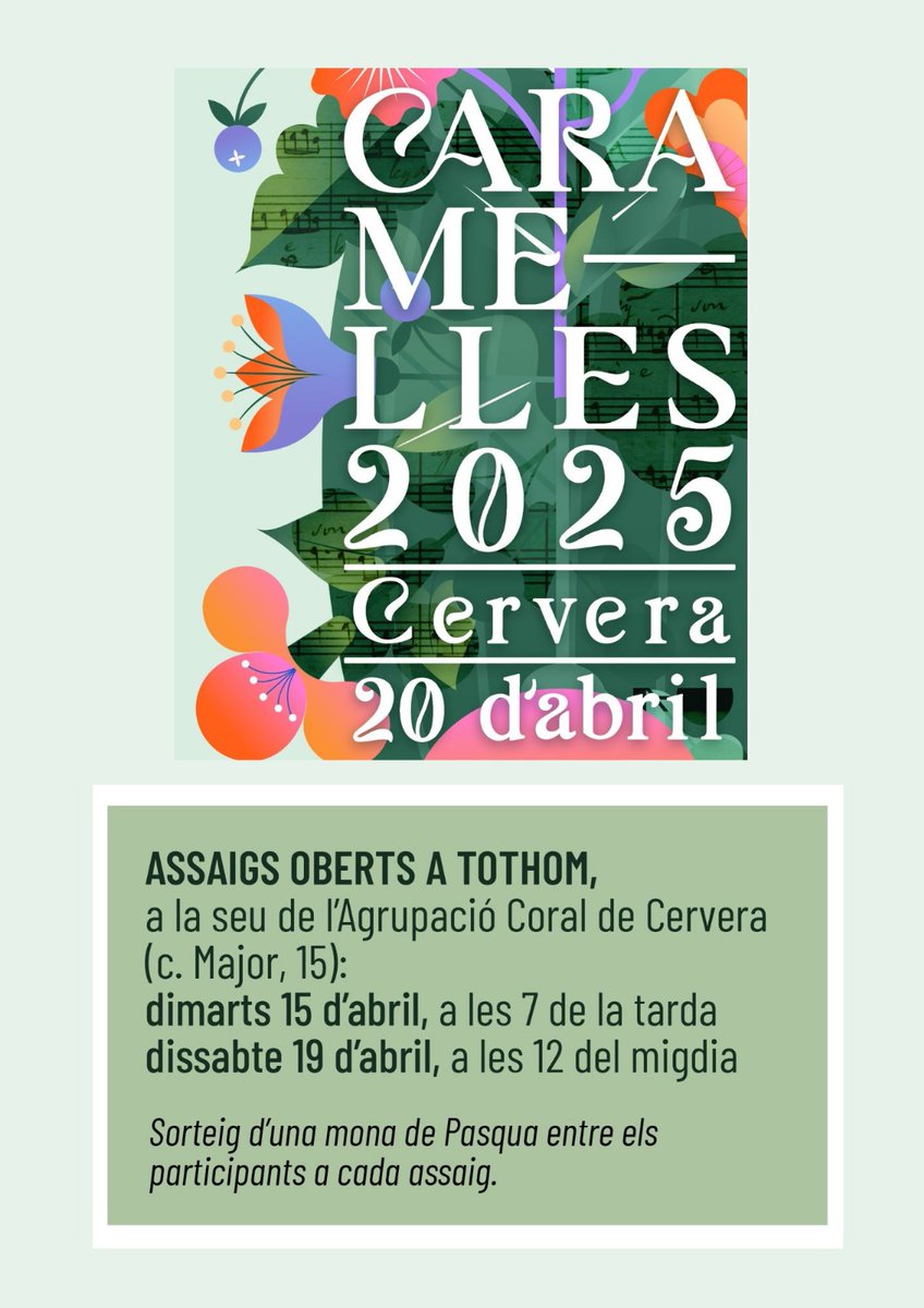 Aquest dimarts, 15 d'abril, a les 7 de la tarda, a la seu de l'Agrupació Coral (c. Major, 15), primer #assaig de les #Caramelles de #Cervera 2025.

#Obert a #tothom! 🎵