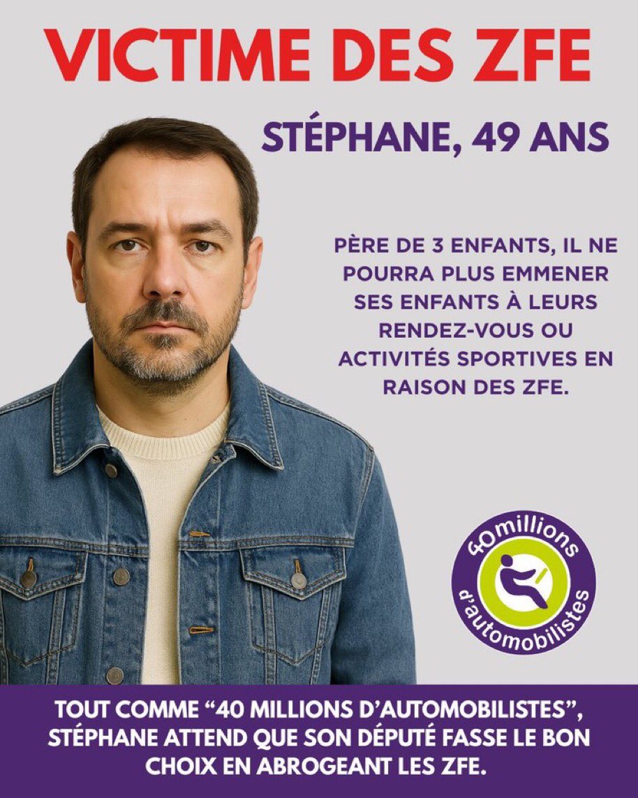 Stéphane, 49 ans père de 3 enfant supporter de <a href="/UBBrugby/">Union Bordeaux Bègles</a> à Bordeaux et passionnés de sports ne pourra plus emmener ses enfants à leurs rdvs ou activités sportives en raison des #ZFE !
<a href="/AlexandreJardin/">Alexandre Jardin</a> <a href="/laurentjaoul/">Laurent Jaoul</a> <a href="/davidlisnard/">David Lisnard</a> <a href="/BerengereDubus/">Bérengère Dubus</a> @ca_va_marcher <a href="/lesGueuxZFE/">lesGueuxZFE</a> #40MA