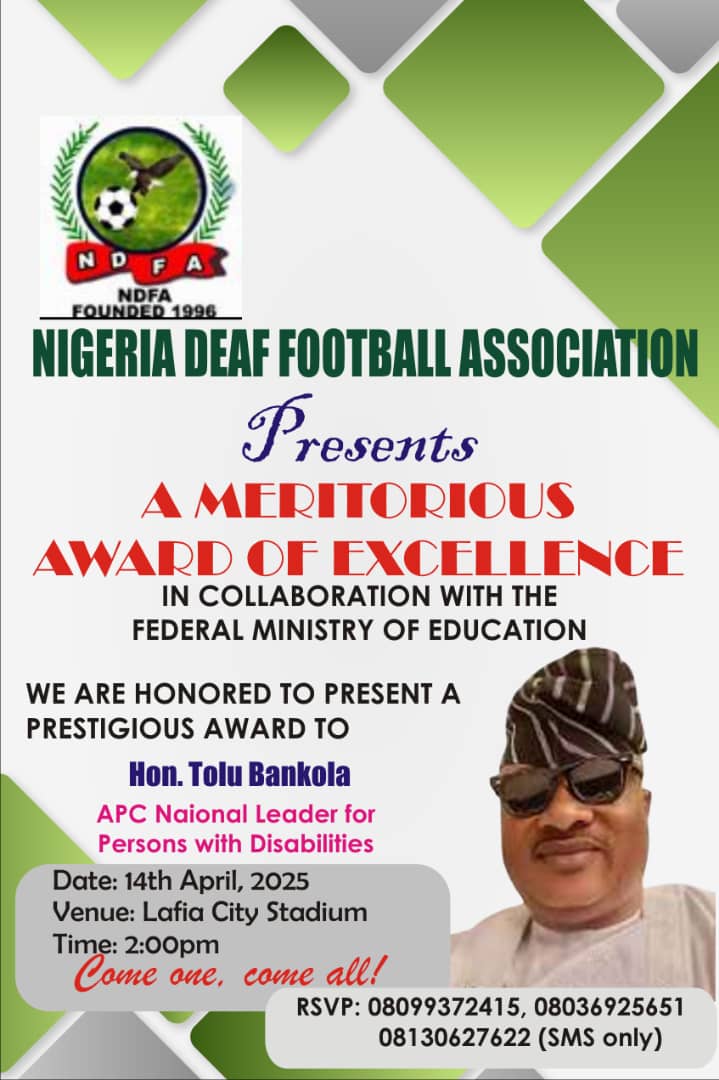 Yusufkumo4 (@yusufkumo4) on Twitter photo Congratulations our dear APC National Disabled Leader Tolu Bankole <a href="/Bankole/">Bankole</a> on your well deserved recognition/award by Nigerian Deaf Football Federation in recognition of your contribution to the welfare of PWDs. Cc <a href="/officialABAT/">Bola Ahmed Tinubu</a>
<a href="/SenRemiTinubu/">Sen Oluremi Tinubu, CON</a>
<a href="/STinubu/">Seyi Tinubu</a>
<a href="/OfficialAPCNg/">APC Nigeria</a> Congratulations our dear APC National Disabled Leader Tolu Bankole <a href="/Bankole/">Bankole</a> on your well deserved recognition/award by Nigerian Deaf Football Federation in recognition of your contribution to the welfare of PWDs. Cc <a href="/officialABAT/">Bola Ahmed Tinubu</a>
<a href="/SenRemiTinubu/">Sen Oluremi Tinubu, CON</a>
<a href="/STinubu/">Seyi Tinubu</a>
<a href="/OfficialAPCNg/">APC Nigeria</a>