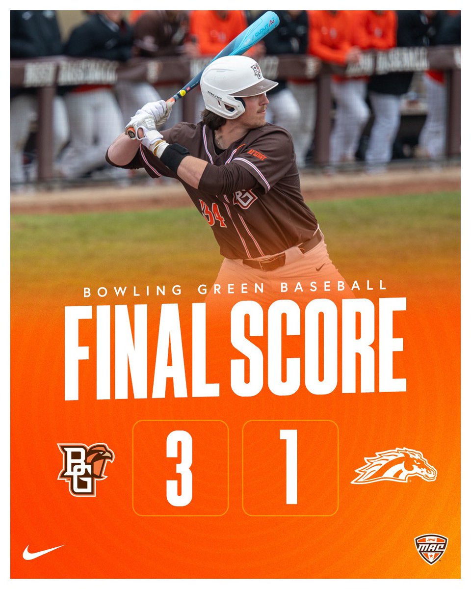 Connar Penrod pitches a perfect ninth and shuts the door on Western Michigan as the Falcons win 3-1.

W - Sova (3-1)
S - Penrod (9)

#AyZiggy 🟠🟤