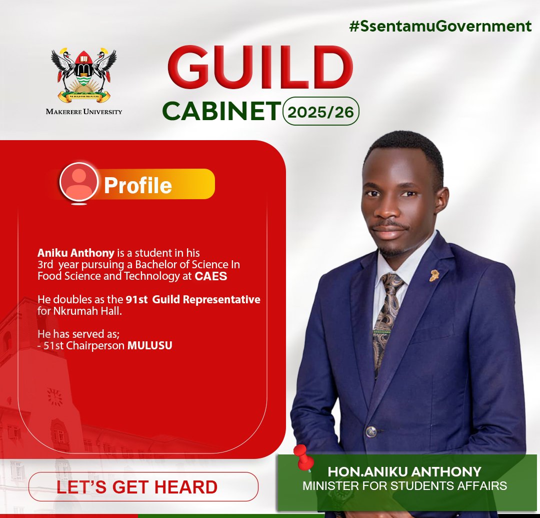MakGuild's tweet photo. Hon. Aniku Anthony, Minister for Students Affairs 2025/26, is a third-year Food Science student at CEDAT and 91st Guild Representative for Nkrumah Hall. He previously served as the 51st Chairperson of MULUSU.
#SsentamuGovernment
#LetsGetHeard
#Knowyourminister https://t.co/15JmZivbW2