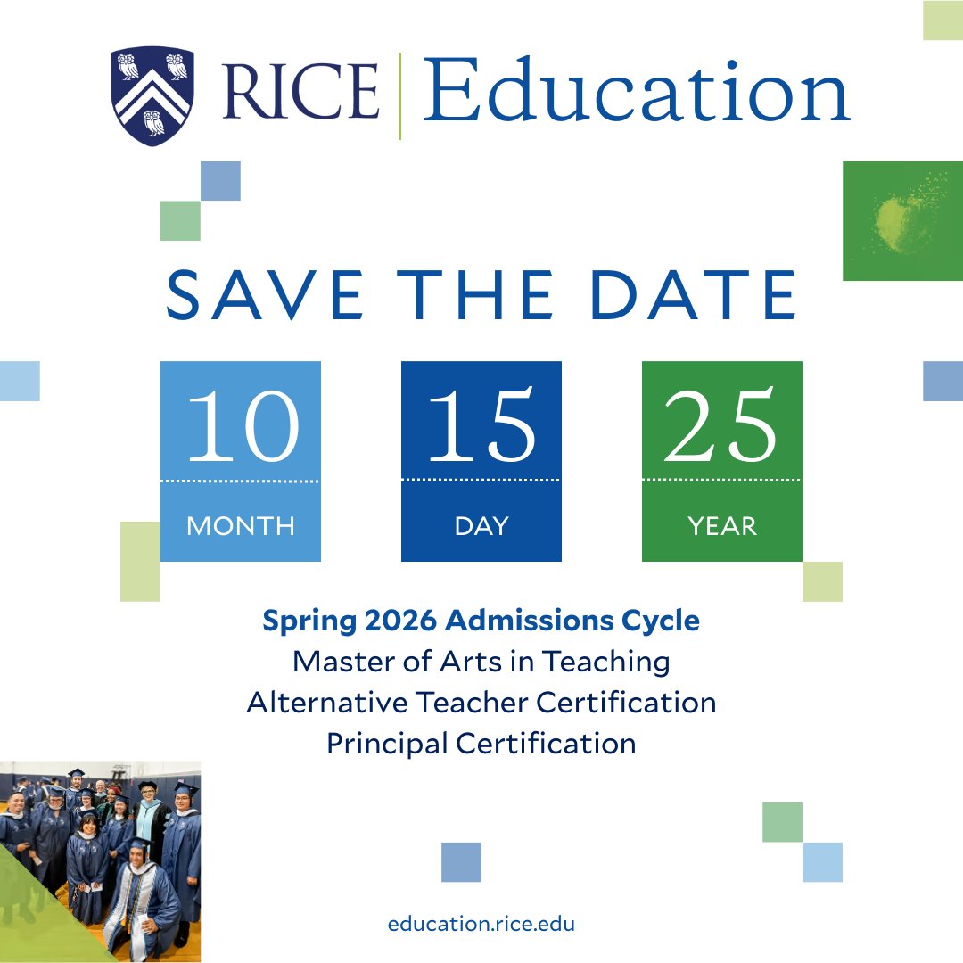 📢 Ready to start or advance your career in education? Mark your calendar! 📅 The Rice Education application deadline is October 15. Begin your journey as a leader in education next spring. Don’t miss this opportunity!

Save the date and learn more here: hubs.la/Q03gB9s60