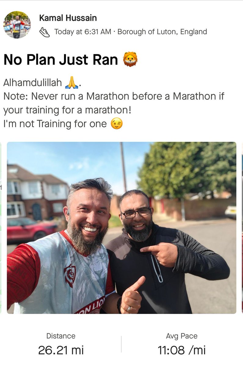 Luton Lions Running Club (@lutonlions) on Twitter photo Wow! Fantastic effort from the two bondus (friends)!
Mostaque ran 20 miles today while Kamal, who was supporting his bondu, ran a marathon!
Two legends!
The pair will run <a href="/LondonMarathon/">TCS London Marathon</a> in two weeks, please donate if possible!
justgiving.com/page/lutonlion…
Thank you!
#LutonLions Wow! Fantastic effort from the two bondus (friends)!
Mostaque ran 20 miles today while Kamal, who was supporting his bondu, ran a marathon!
Two legends!
The pair will run <a href="/LondonMarathon/">TCS London Marathon</a> in two weeks, please donate if possible!
justgiving.com/page/lutonlion…
Thank you!
#LutonLions