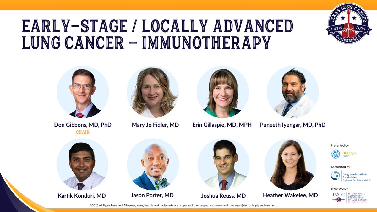 TLC Conference (@tlcconference) on Twitter photo Our next session kicks off at 2:30 PM, covering the latest in immunotherapy for early-stage and locally advanced lung cancer. Don’t miss it. #TexasLung25 <a href="/maryjofidlerMD/">Mary Jo Fidler</a> <a href="/ErinGillaspie/">Erin A Gillaspie, MD, MPH, FACS</a> <a href="/IyengarPuneeth/">Puneeth Iyengar</a> <a href="/jpmd901/">Jason Porter</a> <a href="/Joshua_Reuss/">Joshua Reuss</a> <a href="/HwakeleeMD/">Heather Wakelee</a>
hubs.la/Q03g5QwG0 Our next session kicks off at 2:30 PM, covering the latest in immunotherapy for early-stage and locally advanced lung cancer. Don’t miss it. #TexasLung25 <a href="/maryjofidlerMD/">Mary Jo Fidler</a> <a href="/ErinGillaspie/">Erin A Gillaspie, MD, MPH, FACS</a> <a href="/IyengarPuneeth/">Puneeth Iyengar</a> <a href="/jpmd901/">Jason Porter</a> <a href="/Joshua_Reuss/">Joshua Reuss</a> <a href="/HwakeleeMD/">Heather Wakelee</a>
hubs.la/Q03g5QwG0