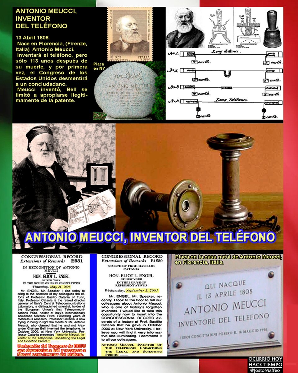 JostoMaffeo's tweet photo. ☎️ 🇮🇹 ANTONIO MEUCCI, INVENTOR DEL TELÉFONO
13 Abril 1808. Nace en #Florencia Antonio #Meucci.
Inventará el #teléfono, pero sólo 113 años después de su muerte, por primera vez, el Congreso de #EEUU desmentirá a un conciudadano.
Meucci inventó, #Bell se apropió de la patente. https://t.co/lzW4I6t7Bg