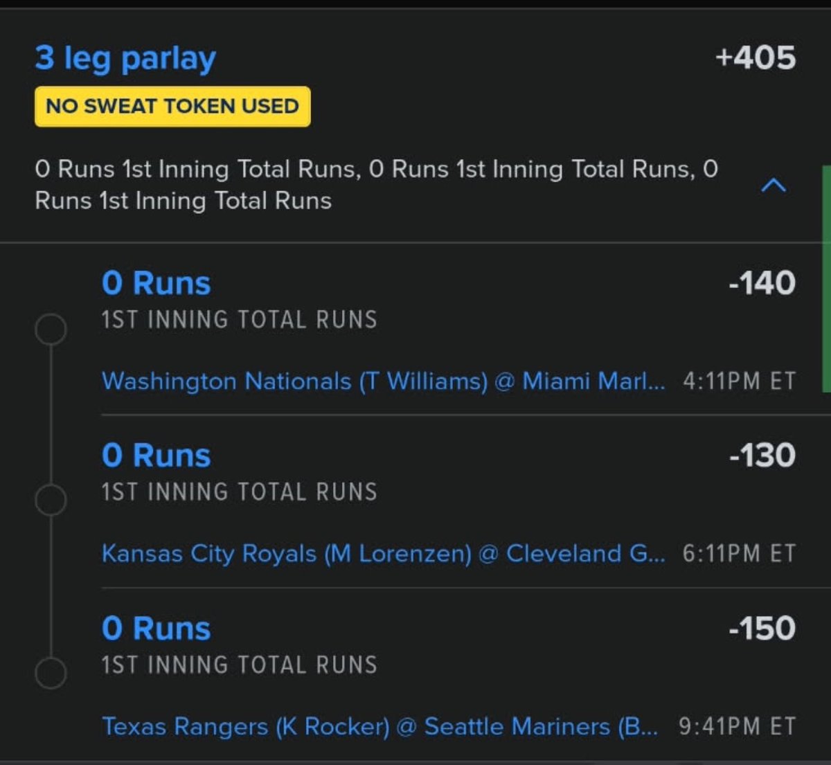 Dfs4Everyone's tweet photo. First Inning Tie Trio — 0.5 Units Each
•0.10 Unit Parlay at +358
— Nationals vs Marlins
— Royals vs Guardians
— Rangers vs Mariners
Liking these matchups to stay quiet early. Took each F1 Tie straight for a half unit and added a light 0.10 unit sprinkle on the parlay. Low risk, high vibes.