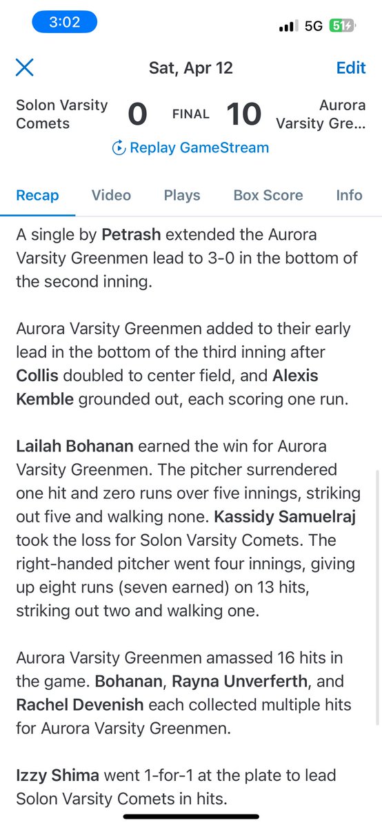 Aurora Softball (@softballaurora) on Twitter photo Aurora defeats Solon 10-0 in the 5th inning on a walk off hit by <a href="/summercollis/">summer collis</a> !
<a href="/LailahBohanan11/">Lailah Bohanan/LB</a> gets the W!
Game recap below 👇🏼 Aurora defeats Solon 10-0 in the 5th inning on a walk off hit by <a href="/summercollis/">summer collis</a> !
<a href="/LailahBohanan11/">Lailah Bohanan/LB</a> gets the W!
Game recap below 👇🏼