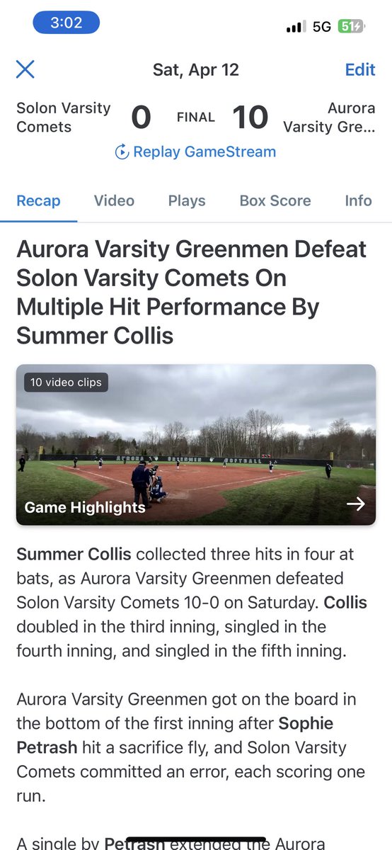 SoftballAurora's tweet photo. Aurora defeats Solon 10-0 in the 5th inning on a walk off hit by @summercollis !

@LailahBohanan11 gets the W!

Game recap below 👇🏼 https://t.co/cMBReQdSDt