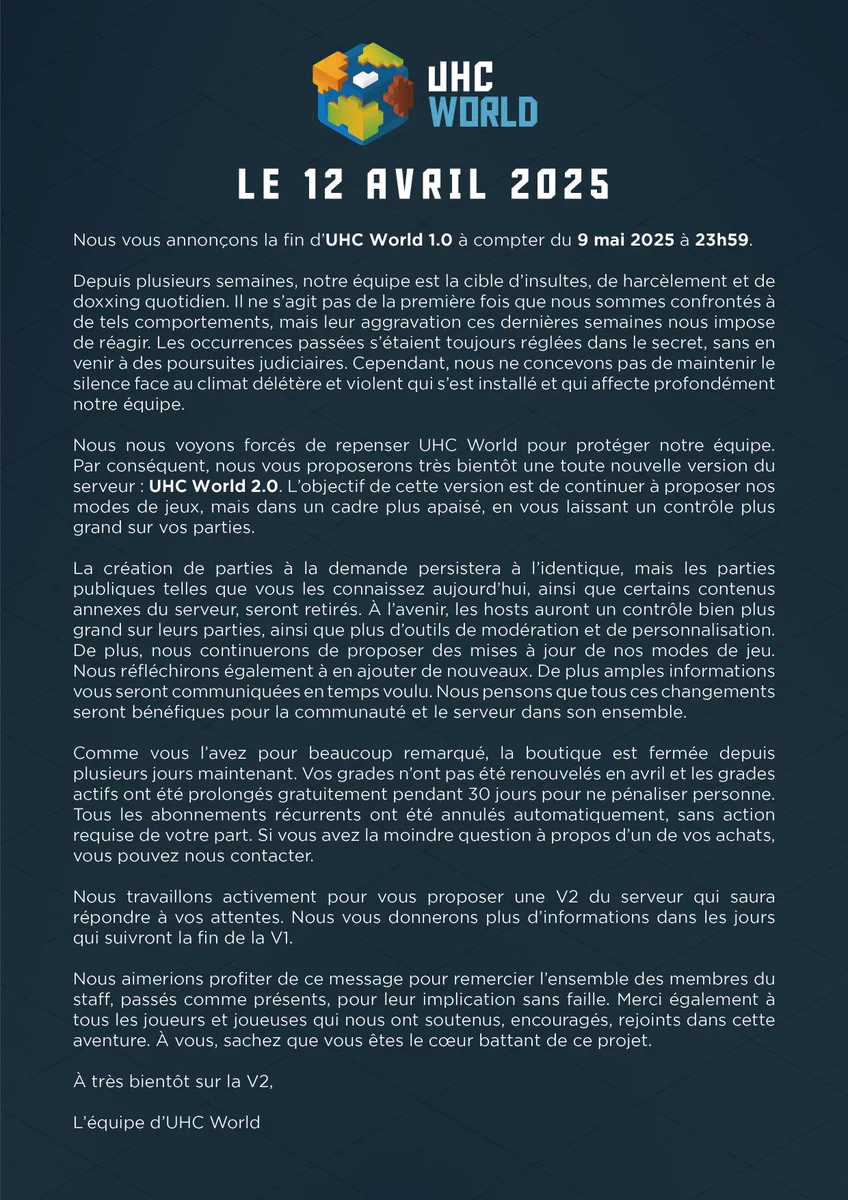 Communiqué du 12 avril 2025 revenant sur la situation actuelle d'UHC World et la suite du projet.