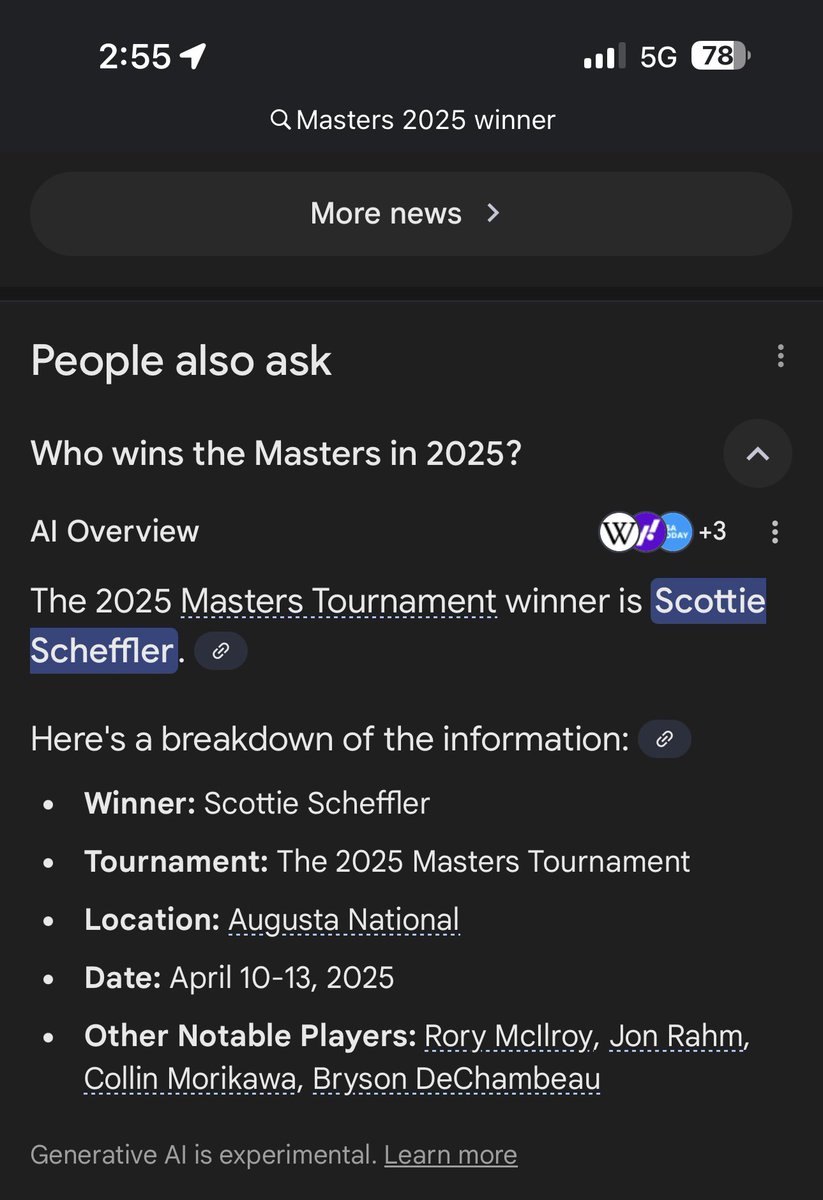 ShaneEubanks's tweet photo. Did I miss the news that Google’s AI can now predict the future? At 3pm on Saturday, it claims that Scottie Scheffler will win the 2025 Masters. He’s currently tied for 6th place. https://t.co/oUwn3f3rpM