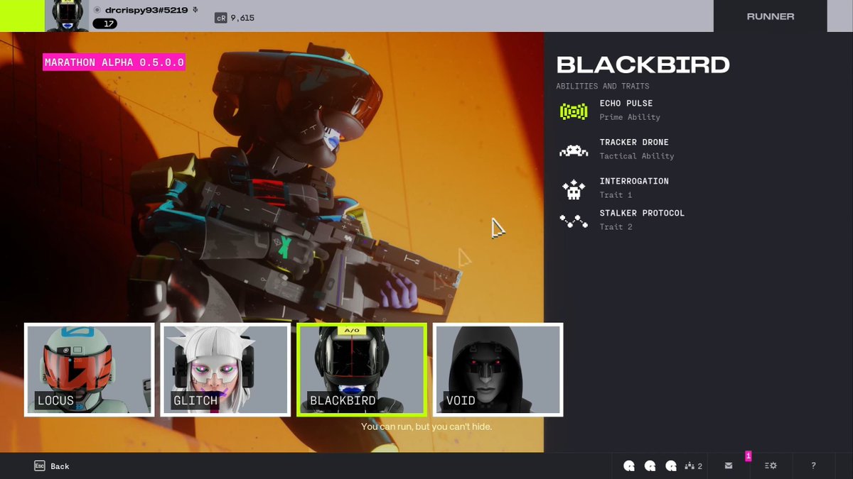 ‼️Runner: Blackbird - Abilities

- Prime Ability: Echo Pulse - Activate your shell’s advanced detection systems, releasing a series of sonar pulses that reveal the location of nearby hostiles.
- Tactical Ability: Tracker Drone - Deploy a mechanized microbot that tracks down