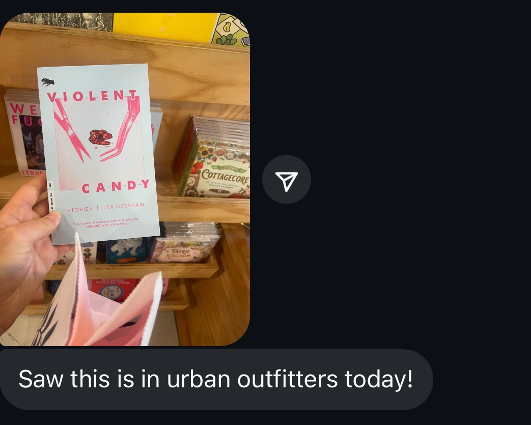 tex gresham (buddy boy) (@texgresham) on Twitter photo that’s right—VIOLENT CANDY is now available IN STORE at <a href="/UrbanOutfitters/">Urban Outfitters</a>
go get one. sell em out.
<a href="/HouseofVlad/">House of Vlad Press</a> that’s right—VIOLENT CANDY is now available IN STORE at <a href="/UrbanOutfitters/">Urban Outfitters</a>
go get one. sell em out.
<a href="/HouseofVlad/">House of Vlad Press</a>