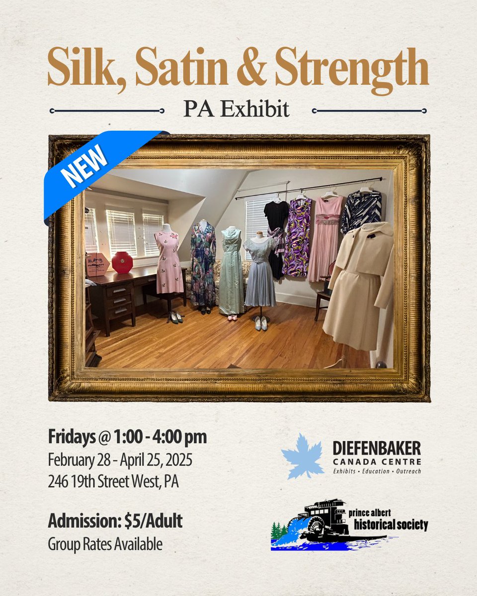 DiefCentre's tweet photo. Discover the history of Olive Diefenbaker's fashion at the newly installed exhibition, "Silk, Satin and Strength," at the John &amp; Olive Diefenbaker Museum! Open Fridays from 1 to 4 PM until April 25, 2025. Done in partnership with @princealberthistory and @diefcentre! #YPA #Dress https://t.co/jg4BL6O6v9